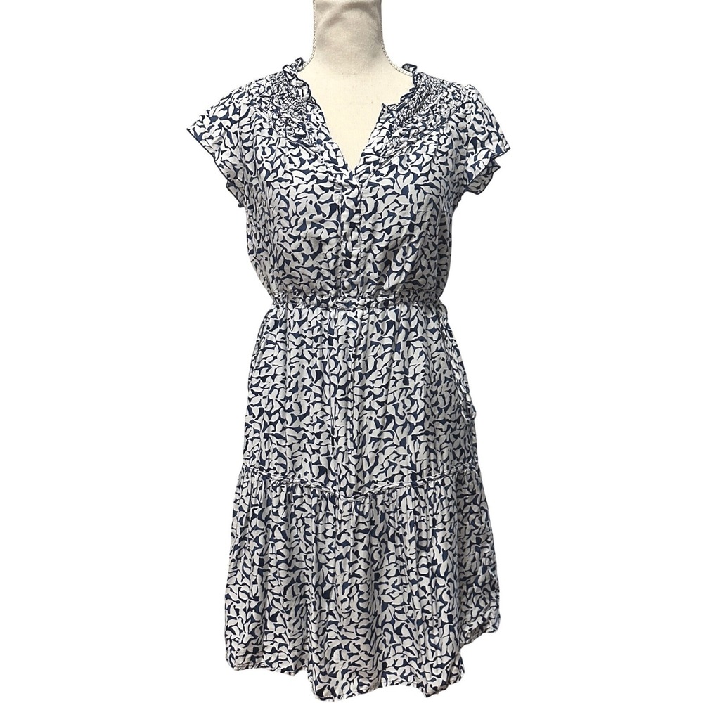 Vineyard Vines Navy White Abstract Silk Blend Smocked Tiered Dress Size S Preppy